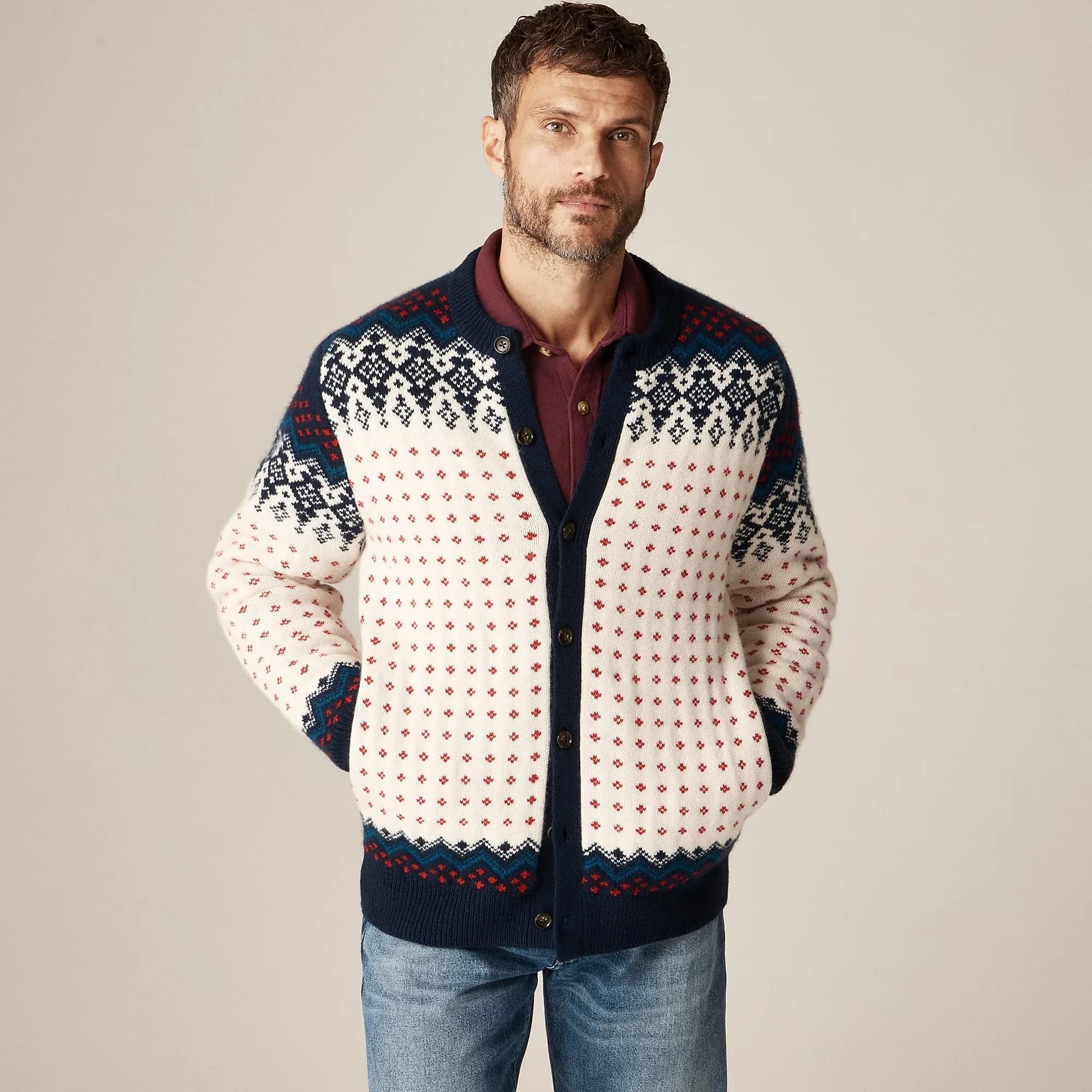 Men's White Red Polka Dot Cardigan Fair Isle Button Down