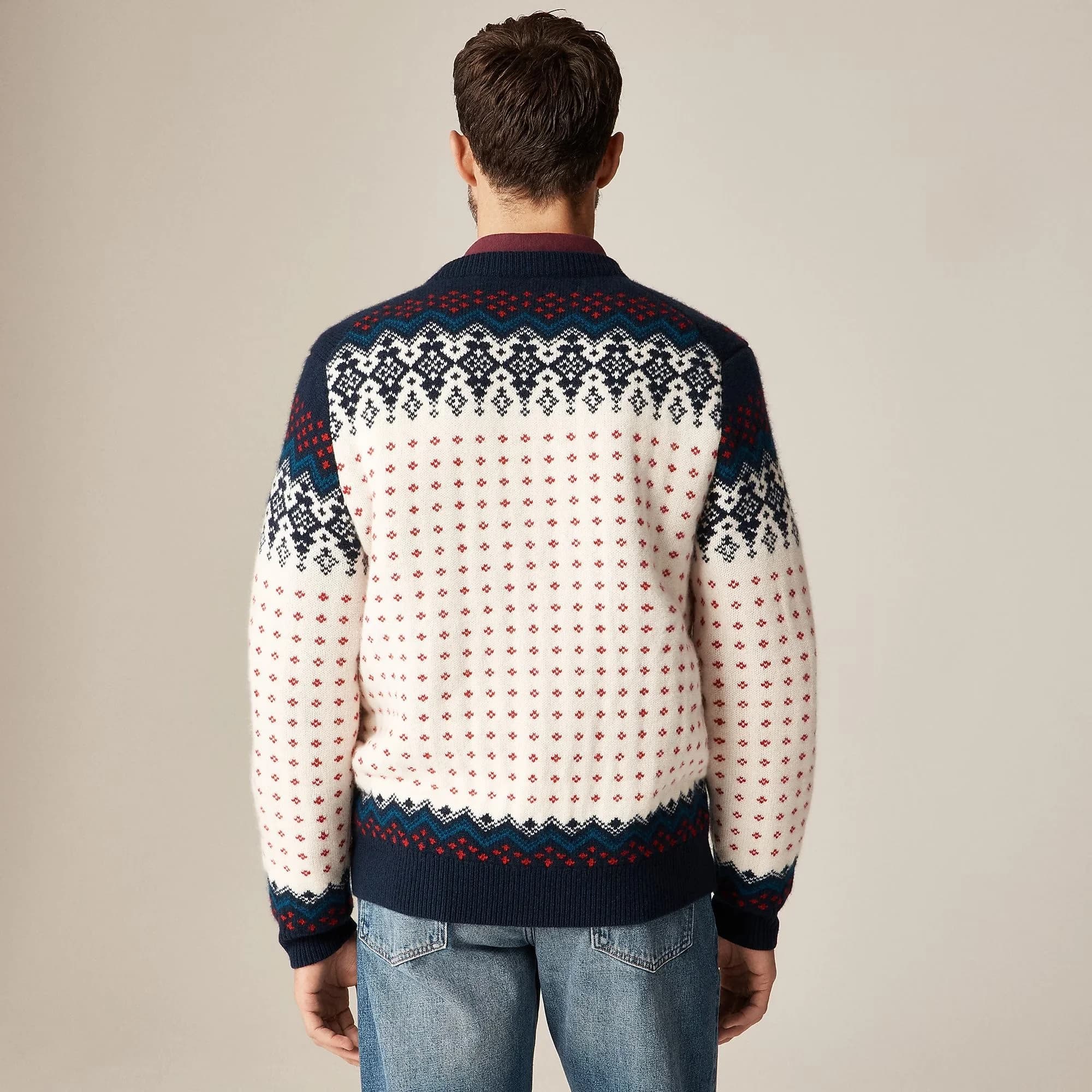 Men's White Red Polka Dot Cardigan Fair Isle Button Down