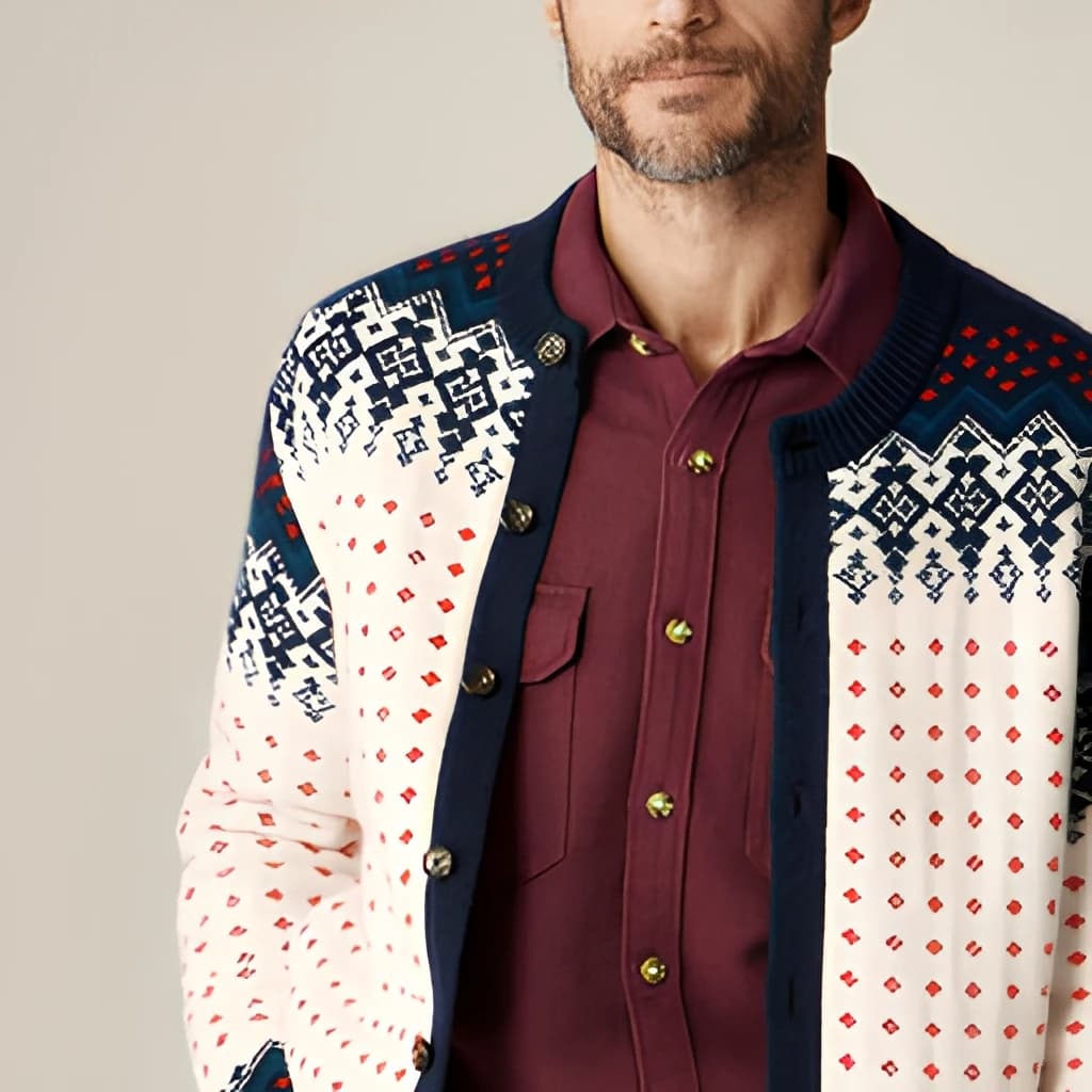 Men's White Red Polka Dot Cardigan Fair Isle Button Down