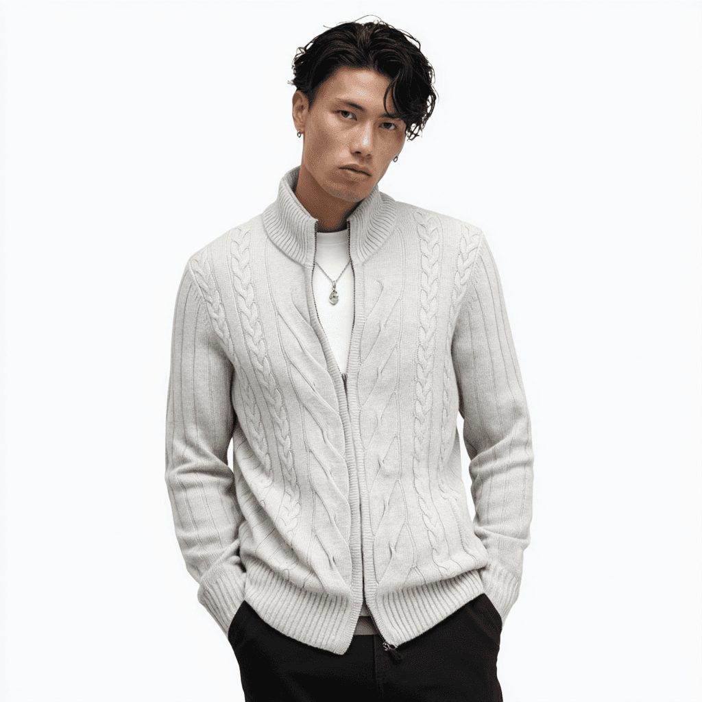 Men's Winter Cream Cable Knit Full Zip Cardigan O Neck Wool Jacket