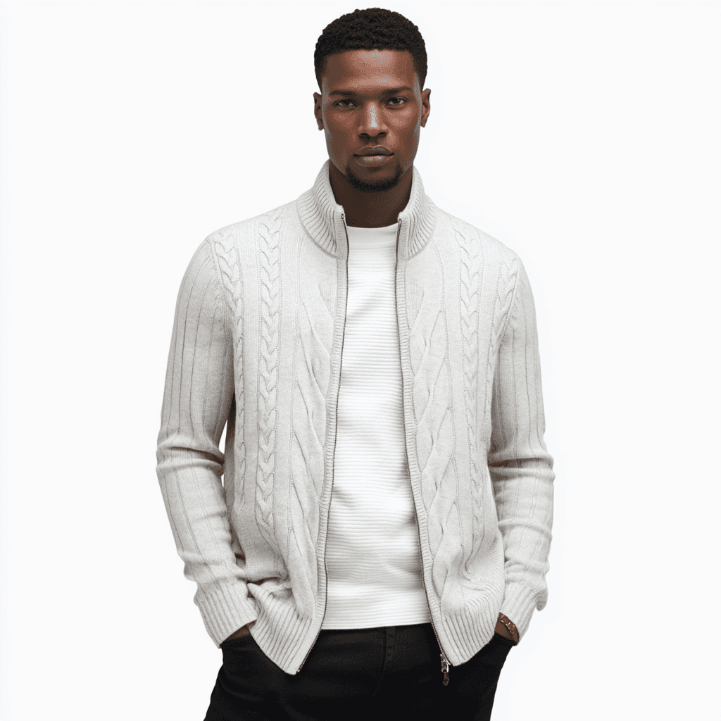 Men's Winter Cream Cable Knit Full Zip Cardigan O Neck Wool Jacket — view 4