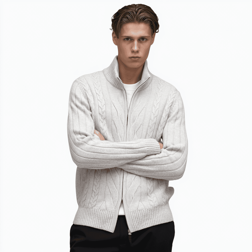 Men's Winter Cream Cable Knit Full Zip Cardigan O Neck Wool Jacket — view 5