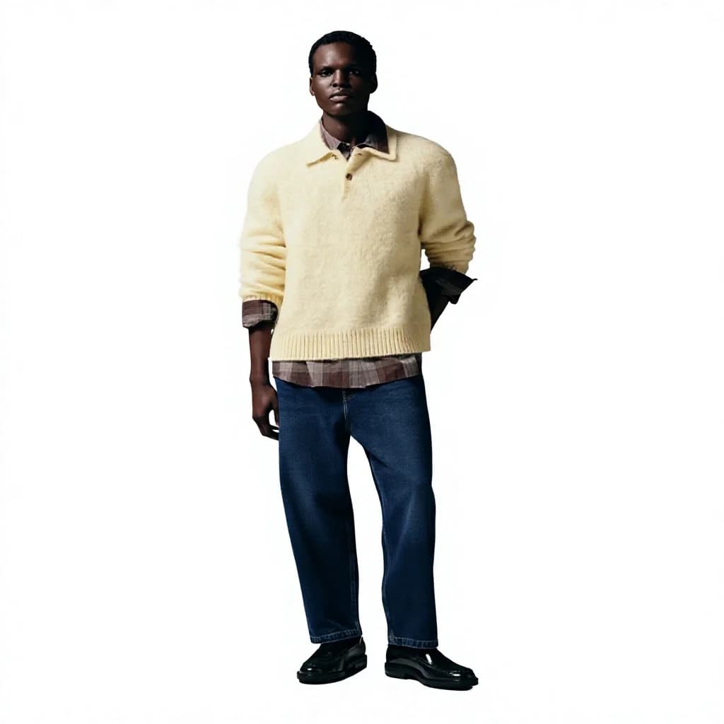 Men's Yellow Brushed Mohair Knit Polo Sweater