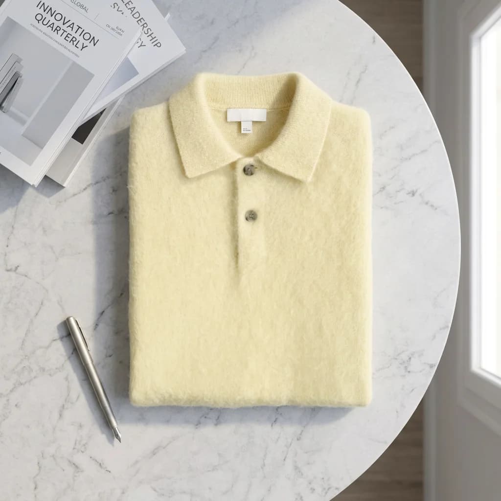 Men's Yellow Brushed Mohair Knit Polo Sweater
