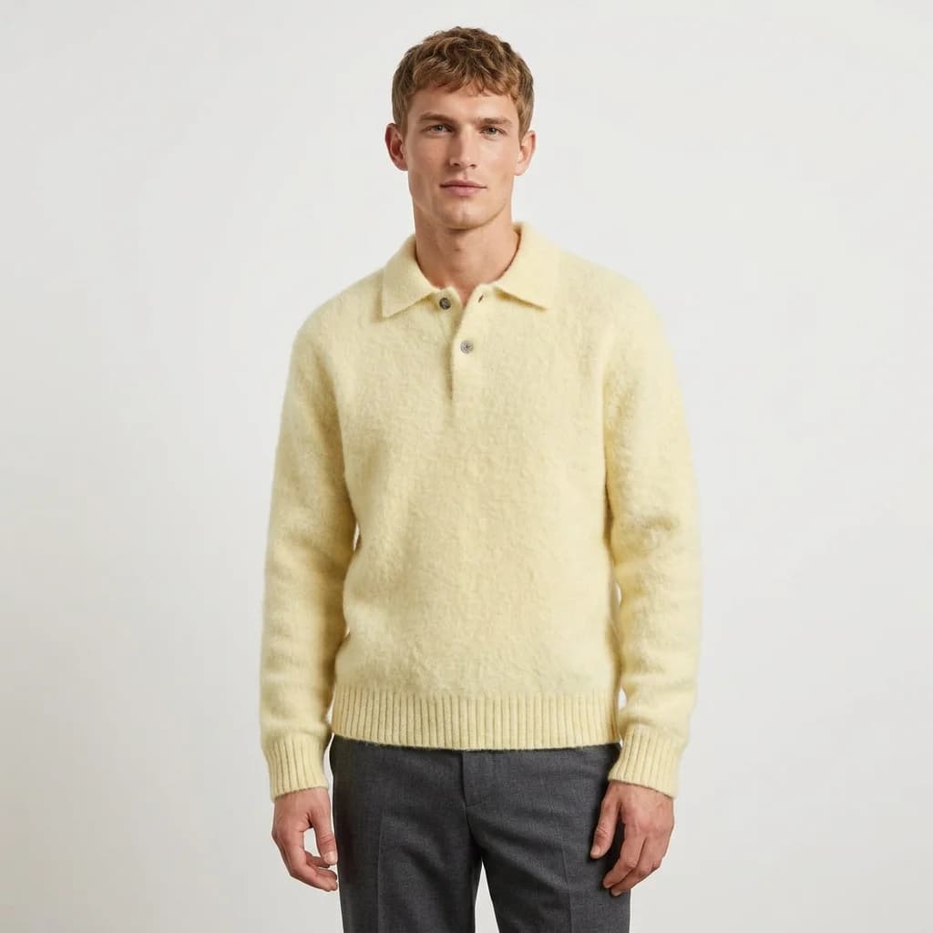 Men's Yellow Brushed Mohair Knit Polo Sweater