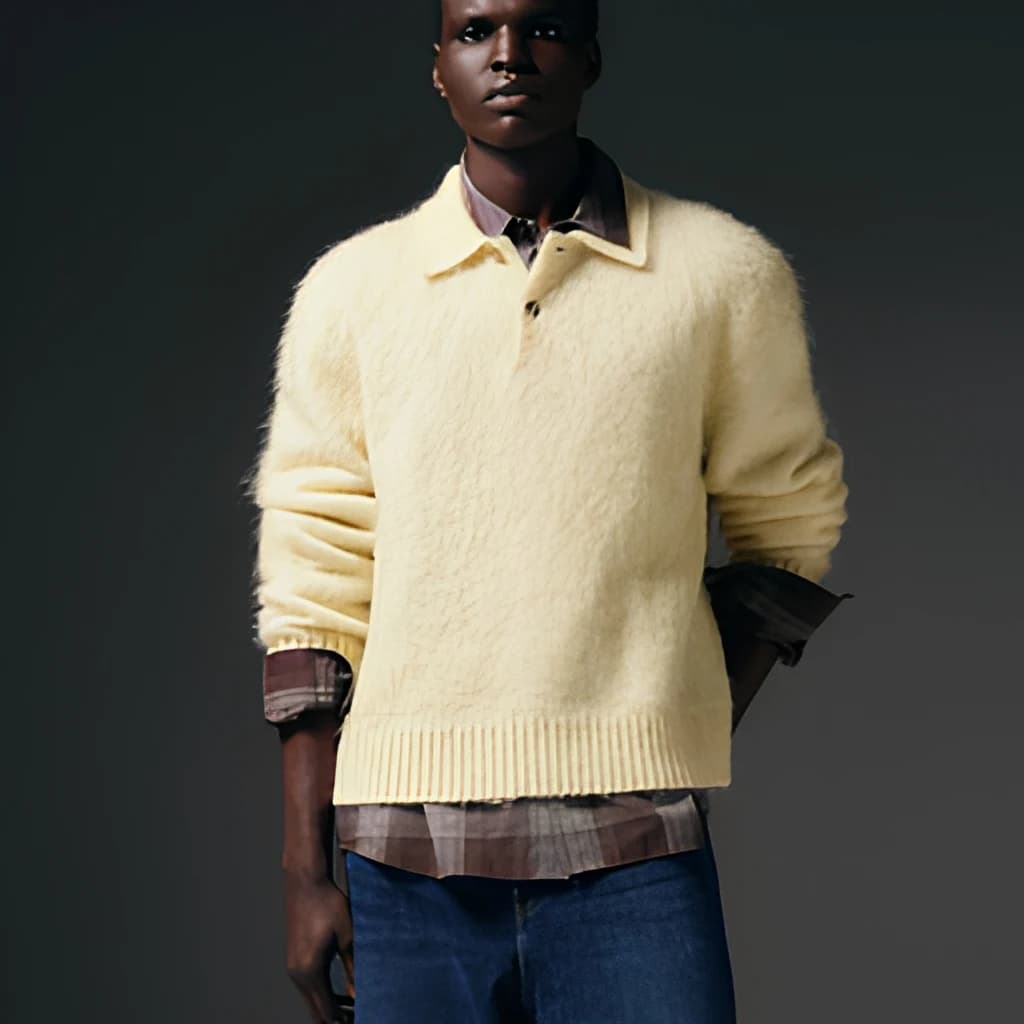 Men's Yellow Brushed Mohair Knit Polo Sweater
