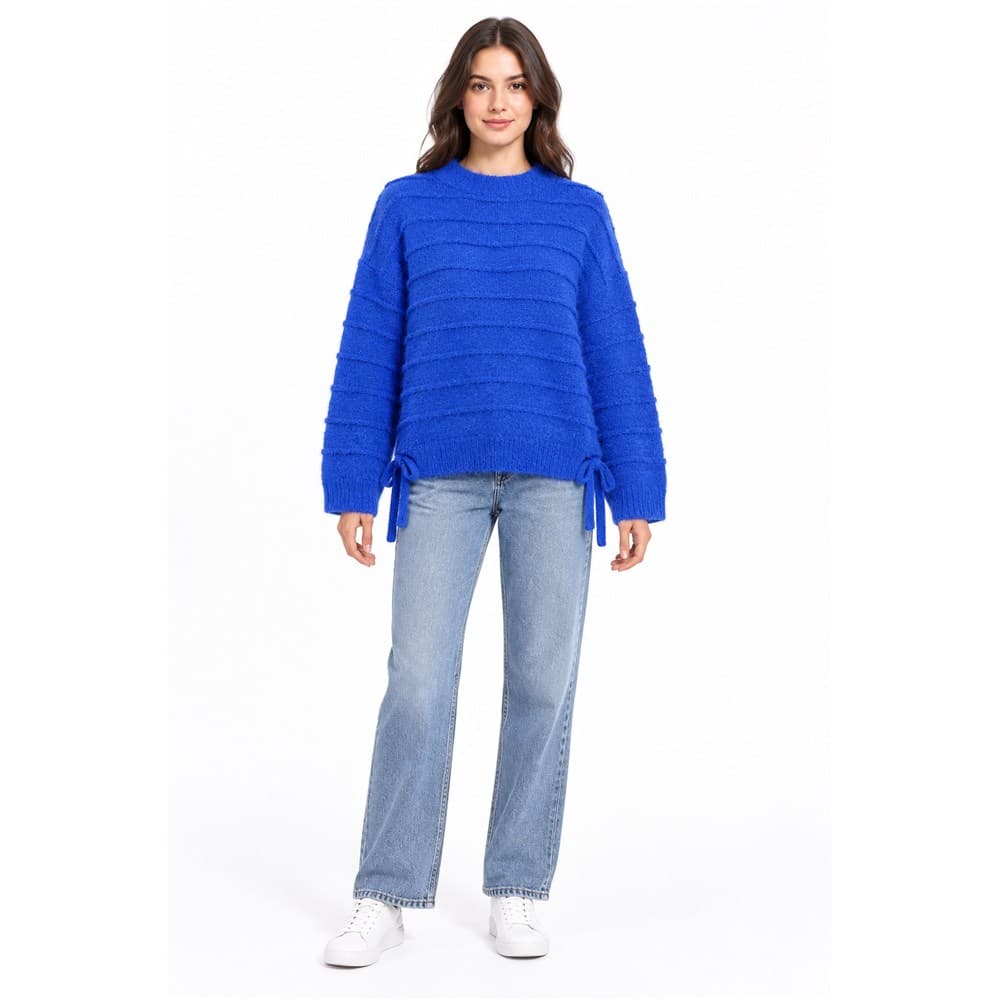 Women's Blue Tie-Detail Crew Neck Sweater
