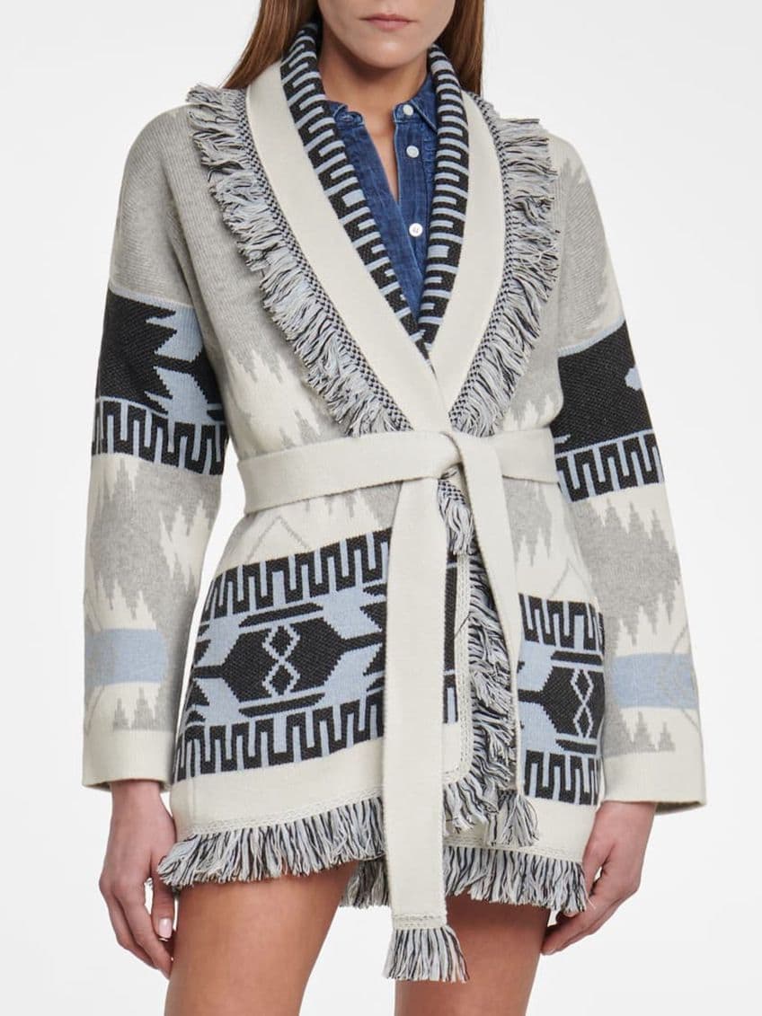 Women's Belted Fringe Jacquard Longline Cardigan