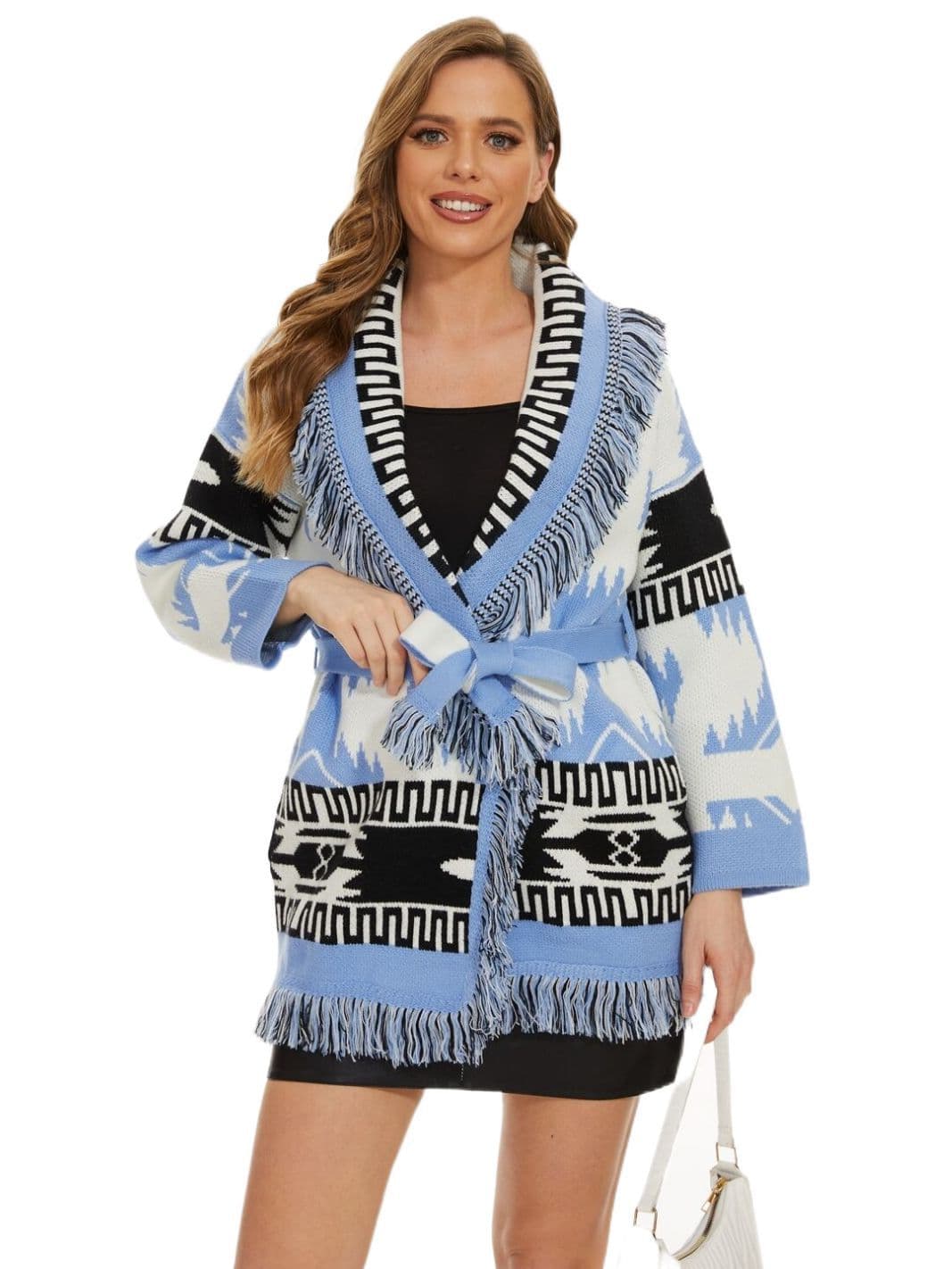 Women's Belted Fringe Jacquard Longline Cardigan view 2