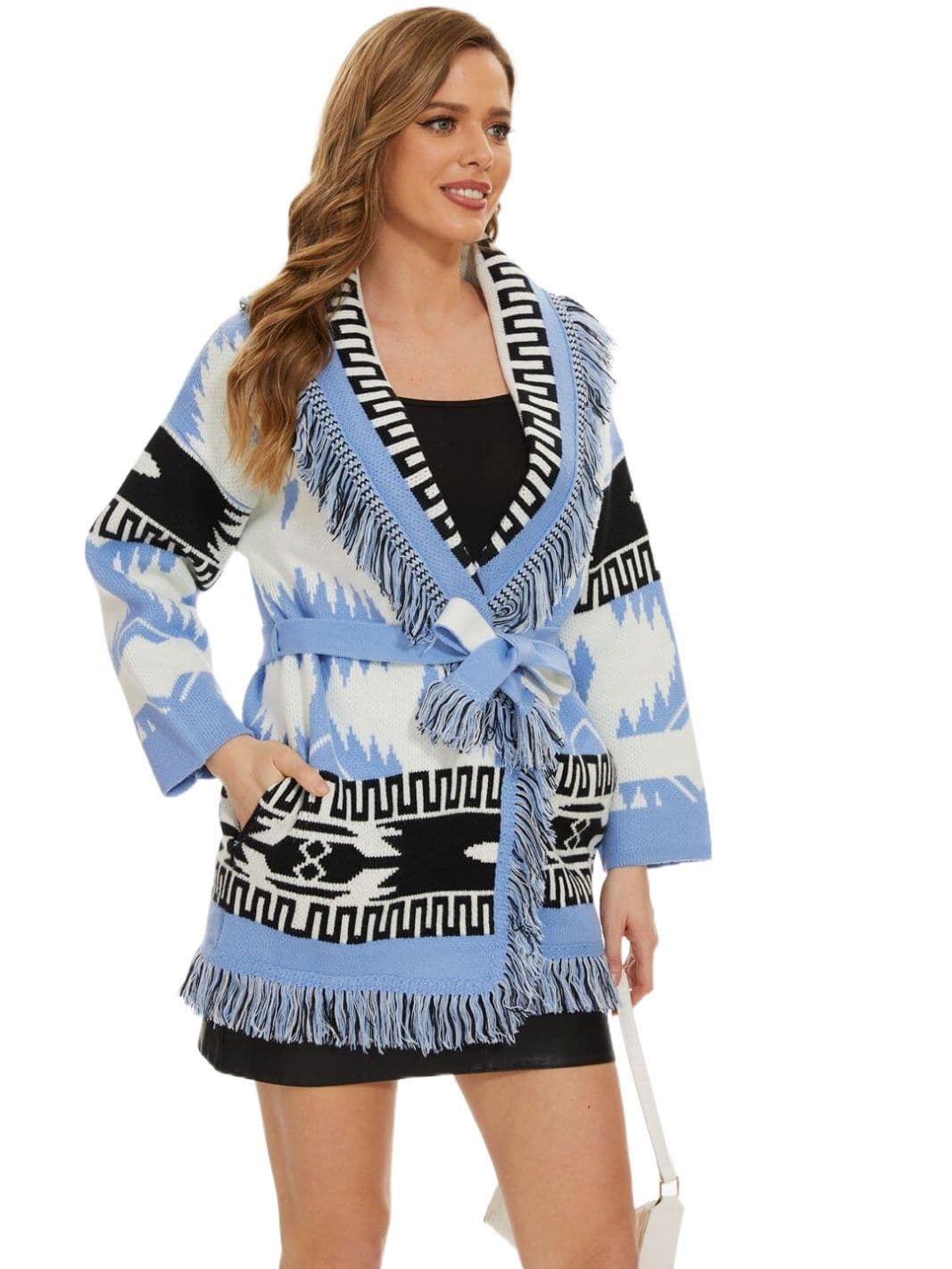 Women's Belted Fringe Jacquard Longline Cardigan view 3