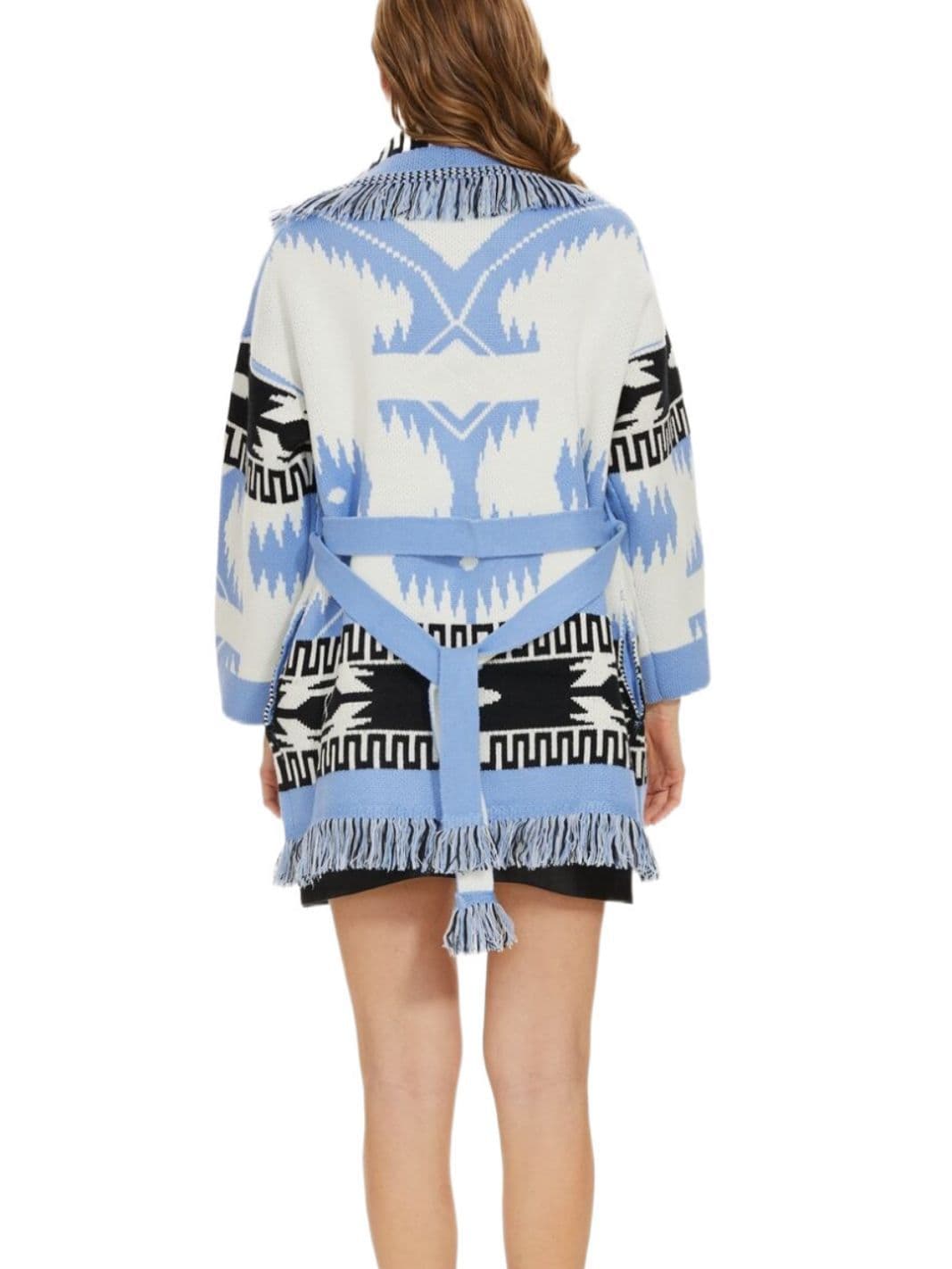 Women's Belted Fringe Jacquard Longline Cardigan view 4
