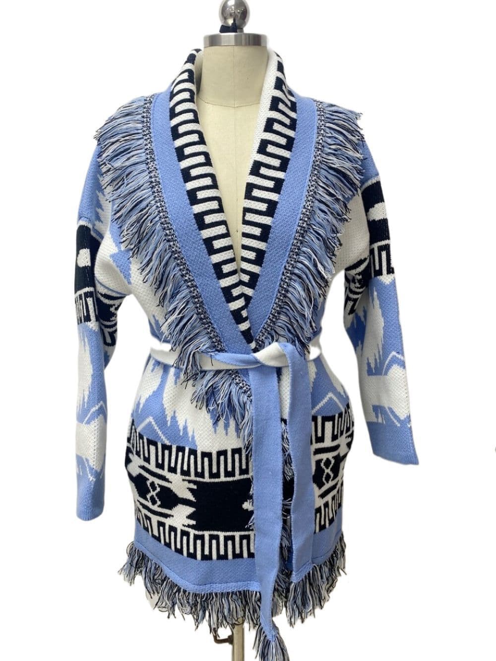 Women's Belted Fringe Jacquard Longline Cardigan view 11