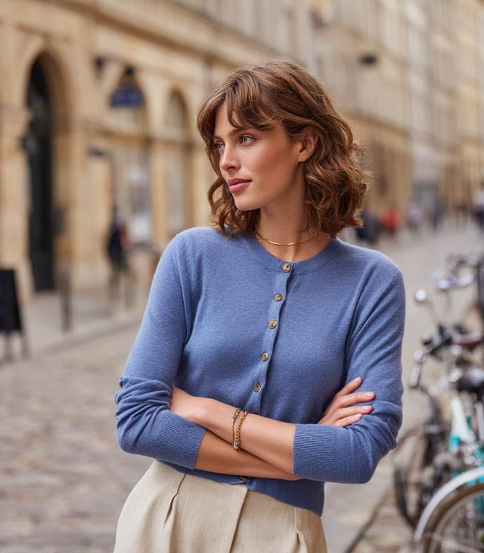 Women's Minimalist Wool-Cashmere Crew Neck Cardigan — view 4