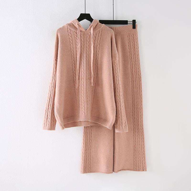 Women's Cotton Hooded Knit Sweater and Wide-Leg Pants Set