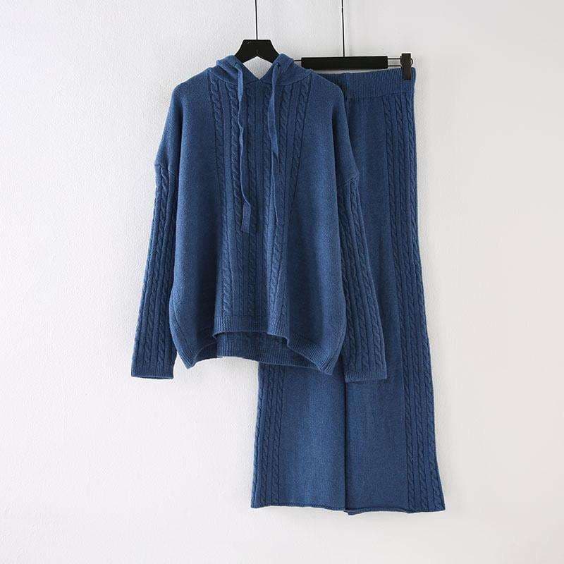 Women's Cotton Hooded Knit Sweater and Wide-Leg Pants Set — view 2