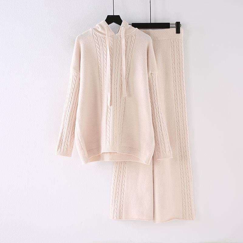 Women's Cotton Hooded Knit Sweater and Wide-Leg Pants Set — view 3