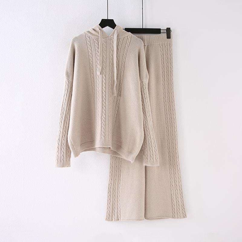 Women's Cotton Hooded Knit Sweater and Wide-Leg Pants Set — view 4