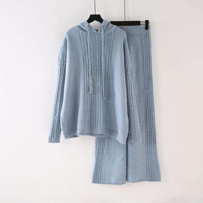Women's Cotton Hooded Knit Sweater and Wide-Leg Pants Set — view 5