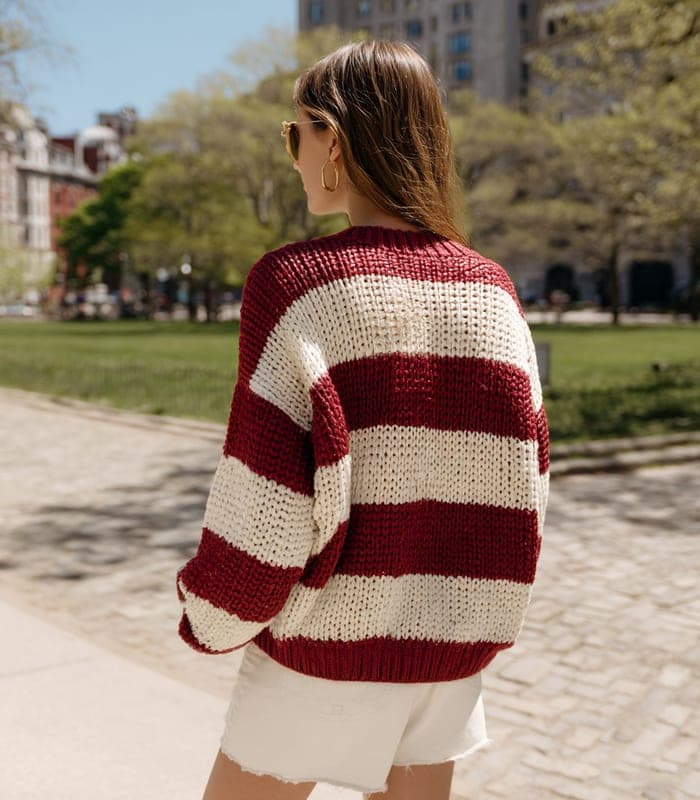 Women's Long-Sleeve Crewneck Striped Color Block Sweater — view 3
