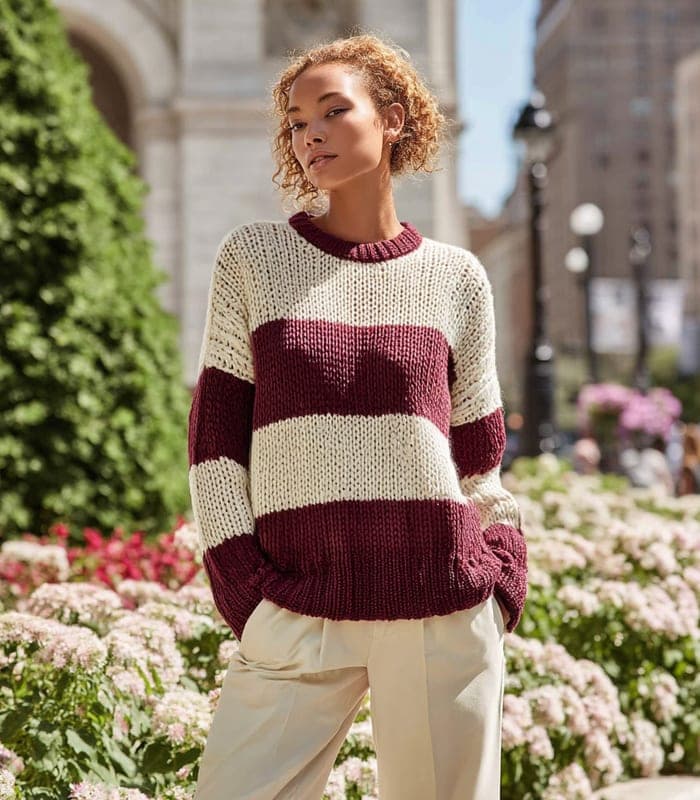 Women's Long-Sleeve Crewneck Striped Color Block Sweater — view 6