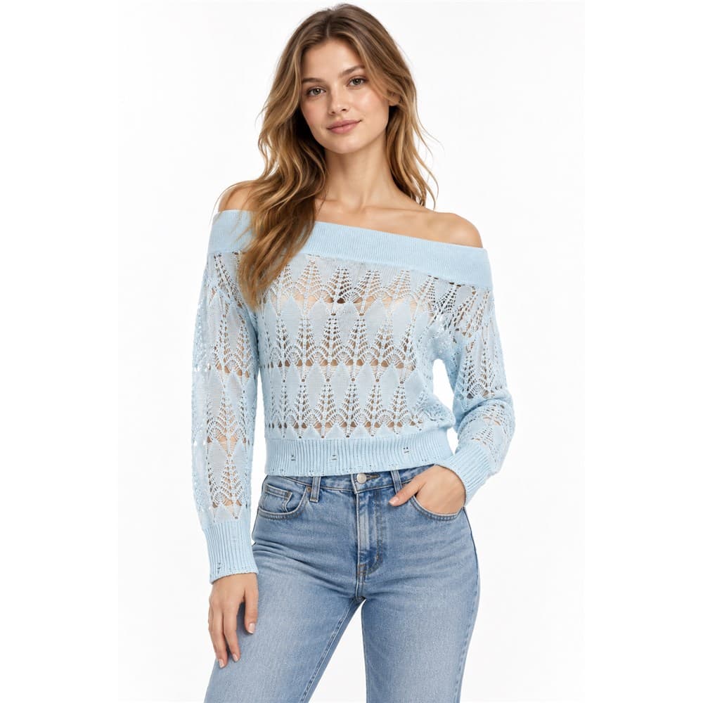 Women's Light Blue Pointelle Crew Neck Sweater