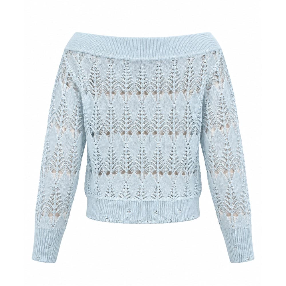 Women's Light Blue Pointelle Crew Neck Sweater — view 2