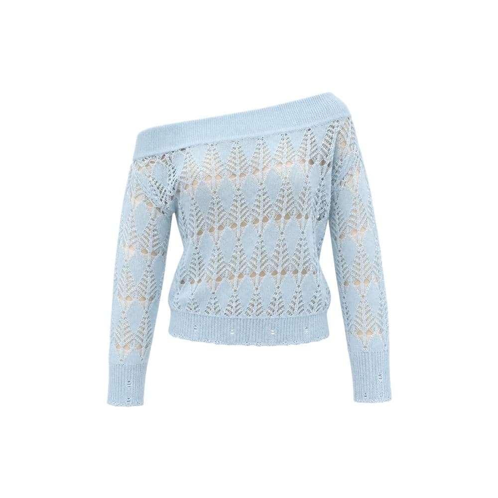 Women's Light Blue Pointelle Crew Neck Sweater — view 3