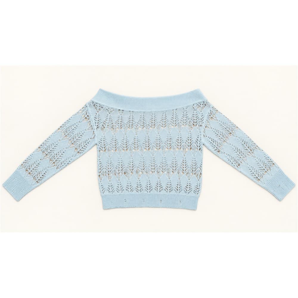 Women's Light Blue Pointelle Crew Neck Sweater — view 4