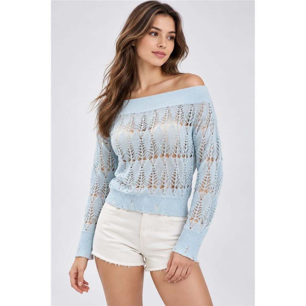 Women's Light Blue Pointelle Crew Neck Sweater — view 6