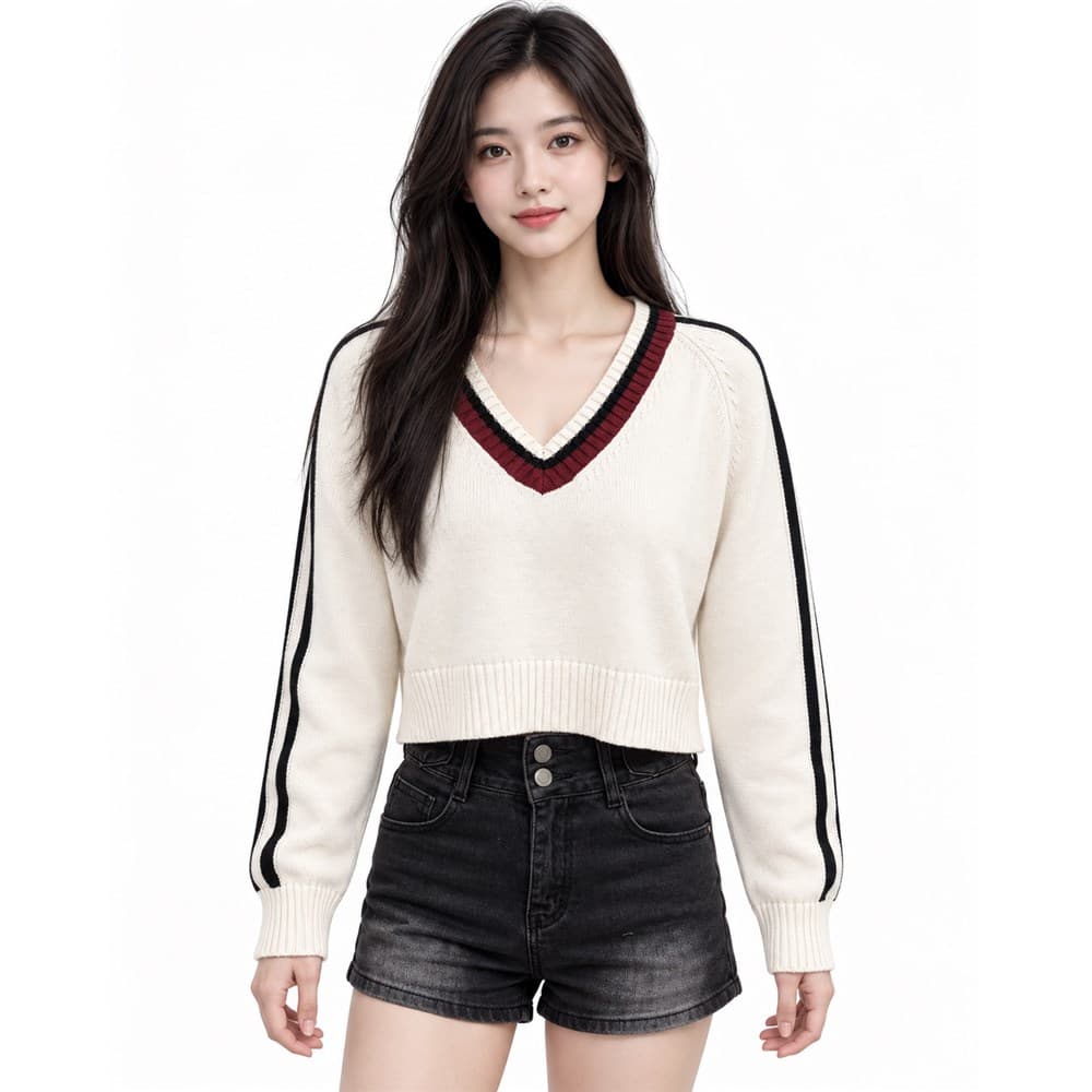 Women's Off White Red V-Neck Sweater