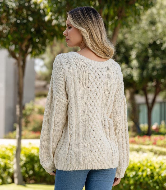 Women's Oversized Cable Knit V-Neck Sweater — view 3