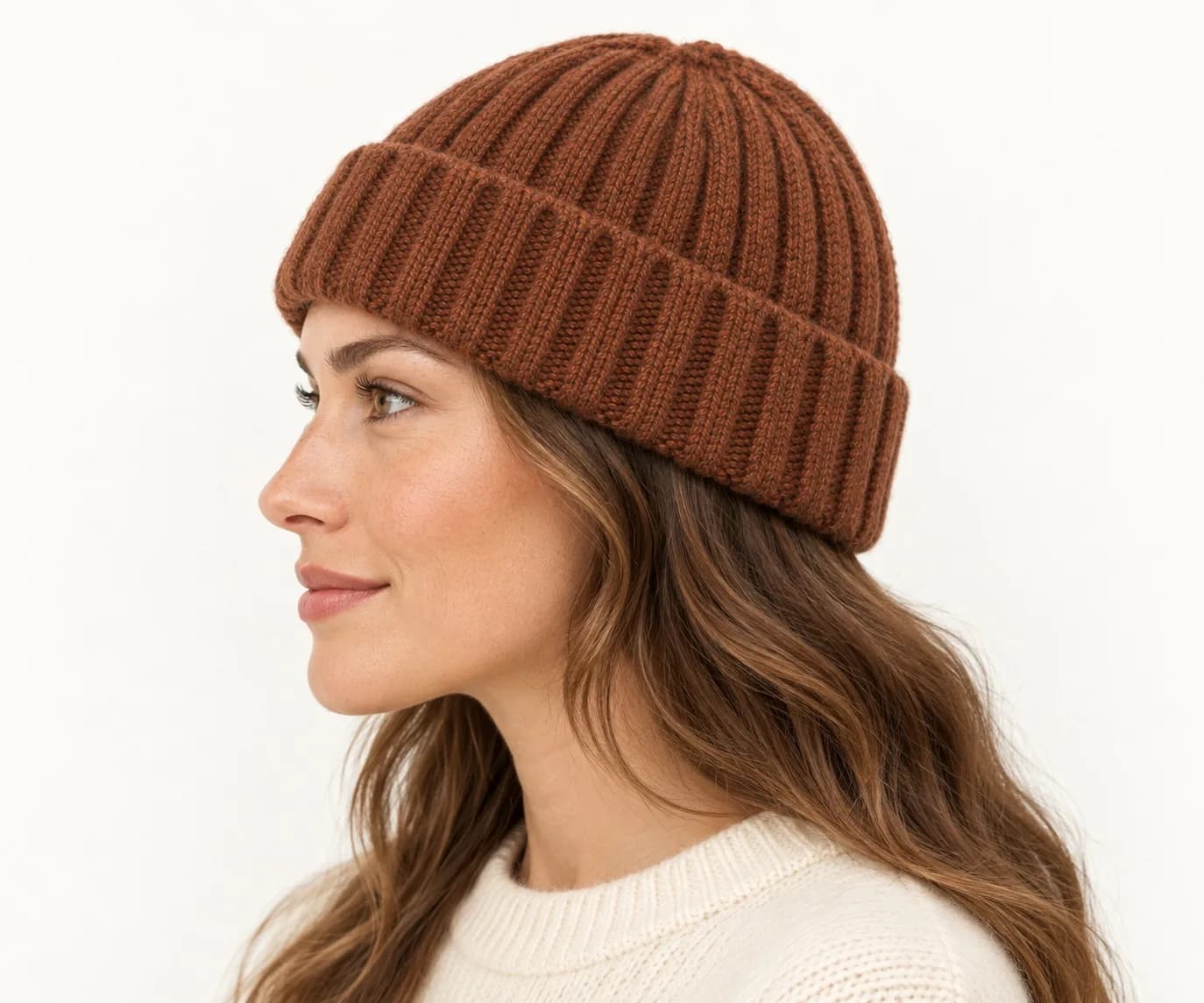 Ribbed Wool Fisherman Beanie - side reference (AI development concept)