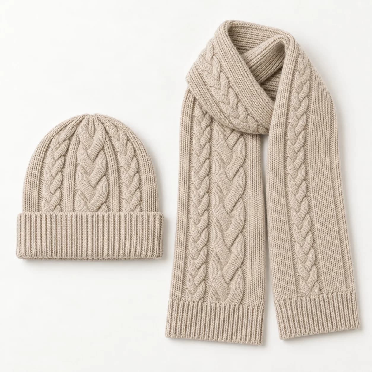 Cable-Knit Beanie and Scarf Set - front reference (AI development concept)