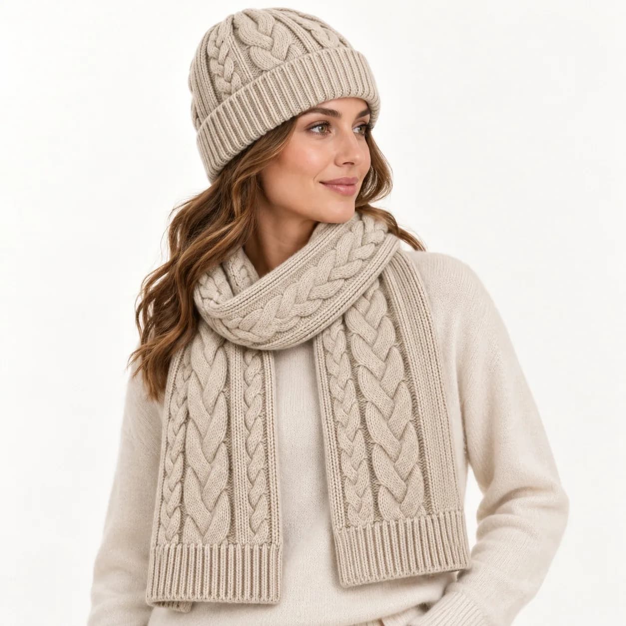 Cable-Knit Beanie and Scarf Set - side reference (AI development concept)