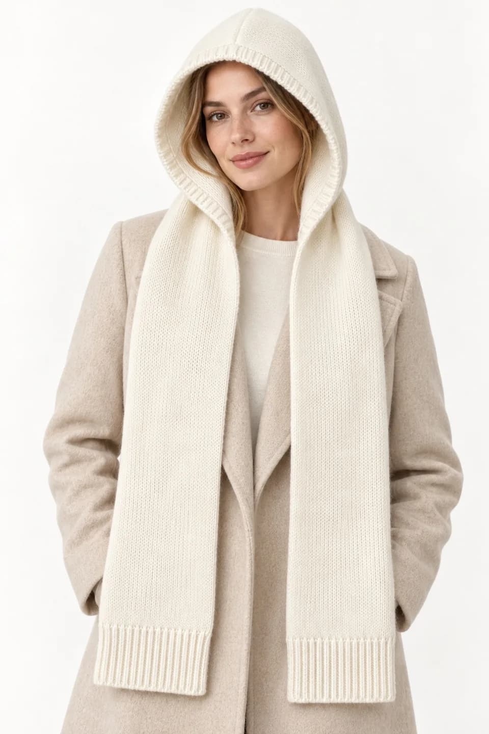 Wool-Blend Hooded Knit Scarf - model or use reference (AI development concept)
