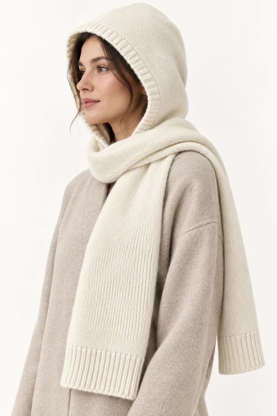 Wool-Blend Hooded Knit Scarf - side reference (AI development concept)