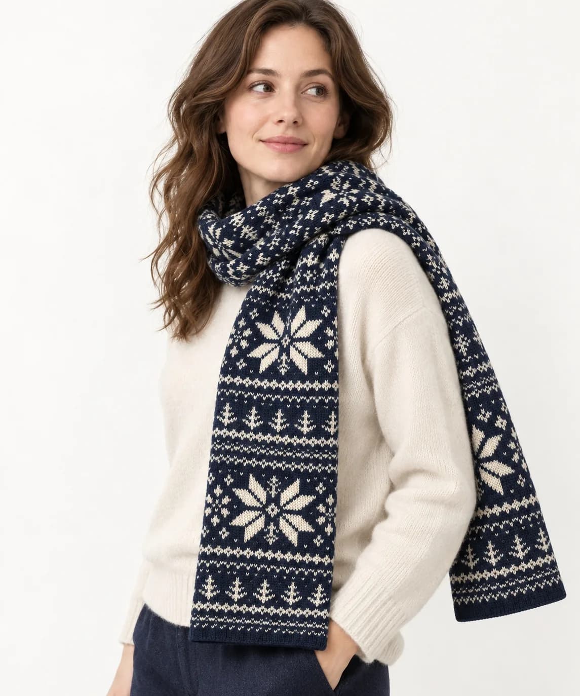 Double-Layer Fair Isle Knit Scarf - side reference (AI development concept)
