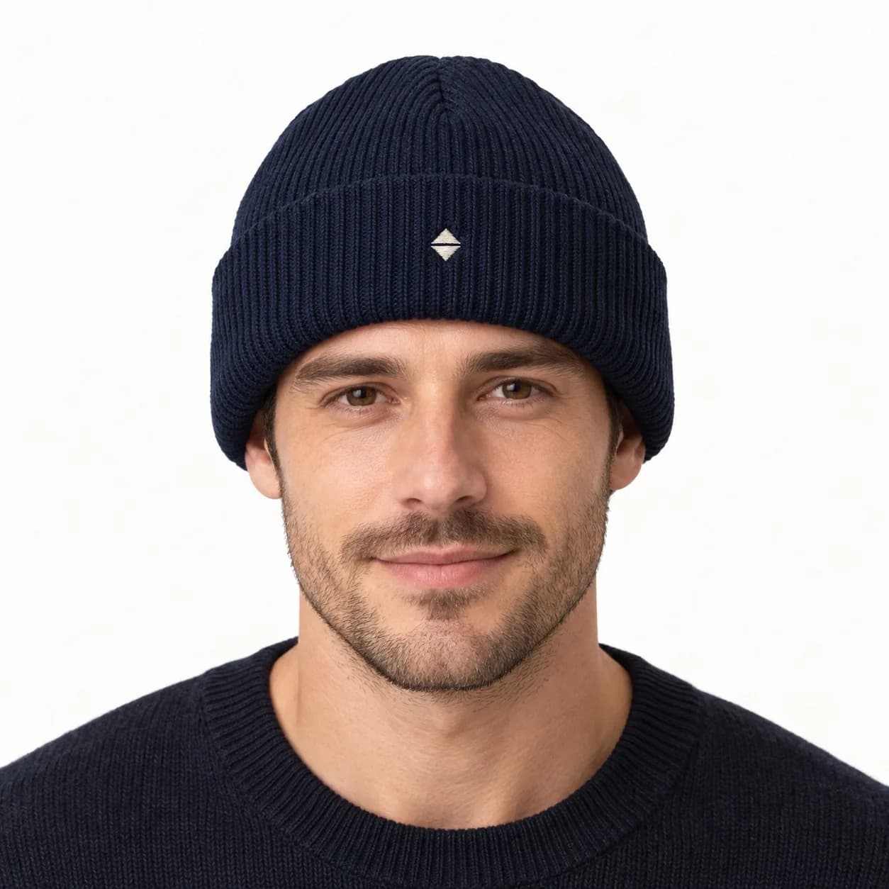 Private-Label Ribbed Logo Beanie - model or use reference (AI development concept)