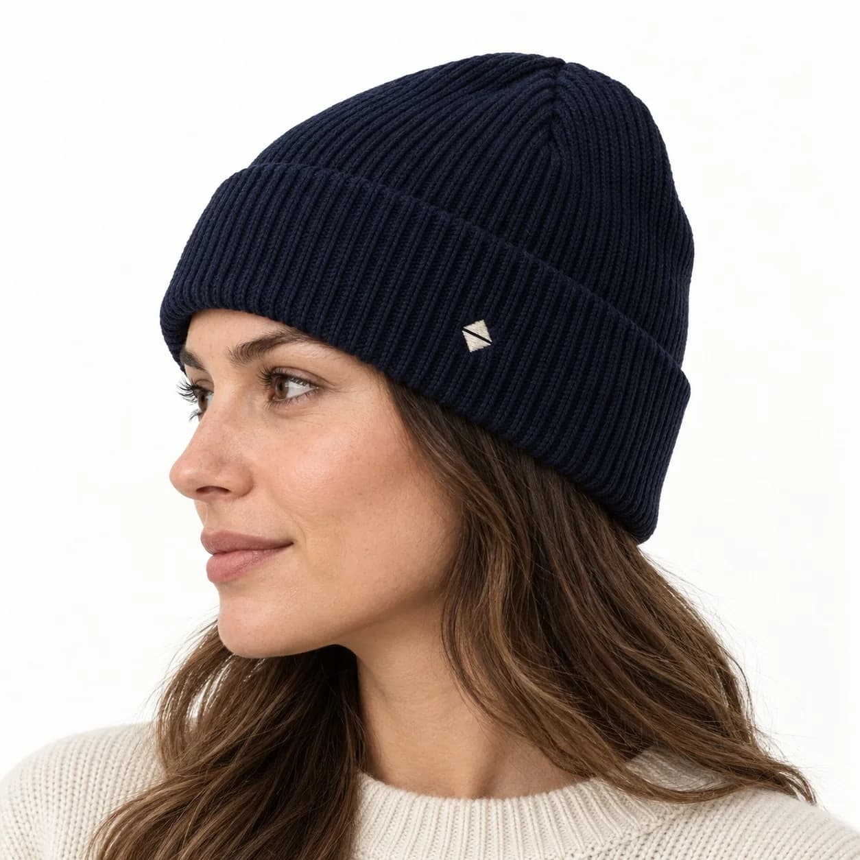 Private-Label Ribbed Logo Beanie - side reference (AI development concept)