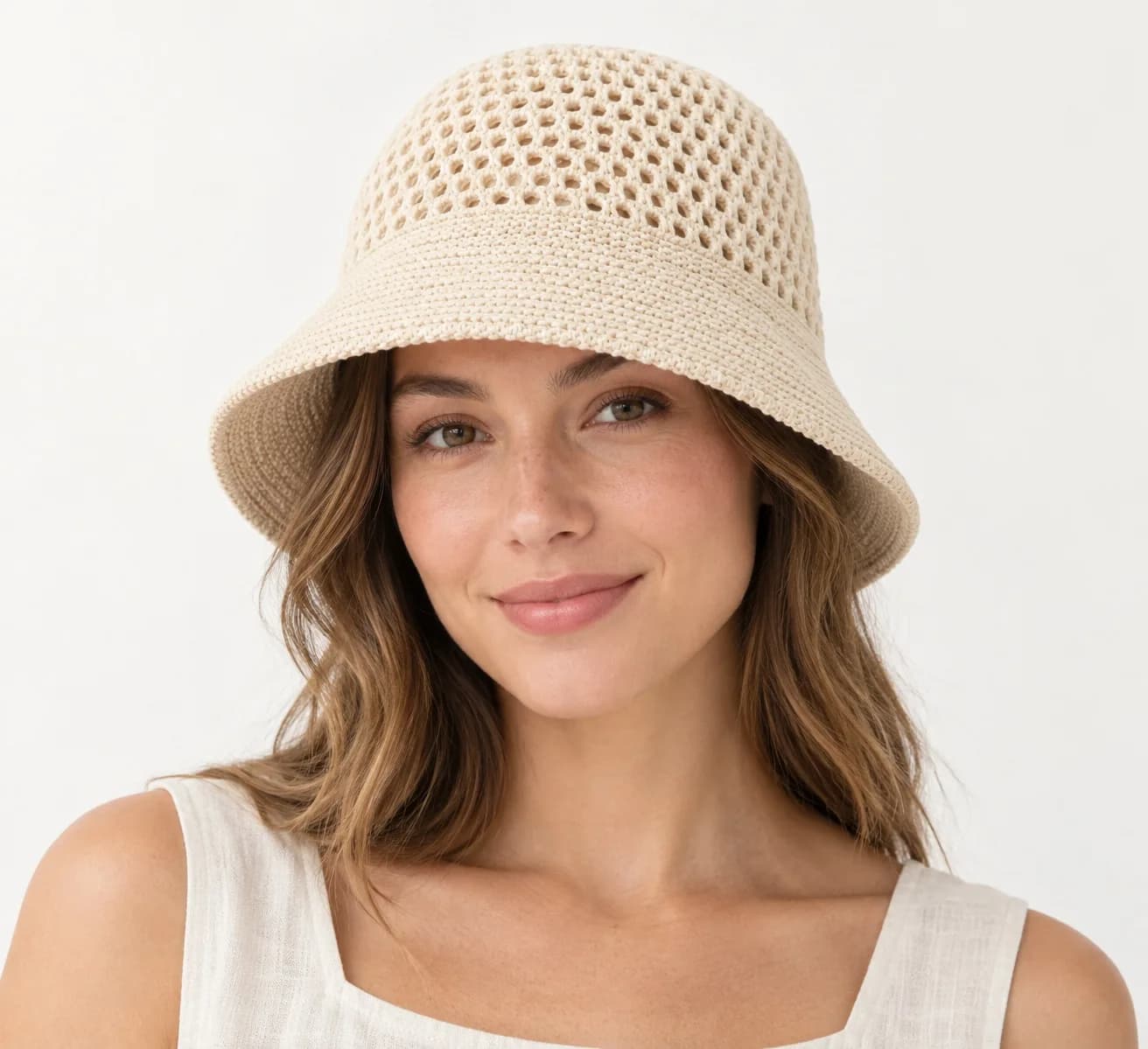 Summer Openwork Knit Bucket Hat - model or use reference (AI development concept)