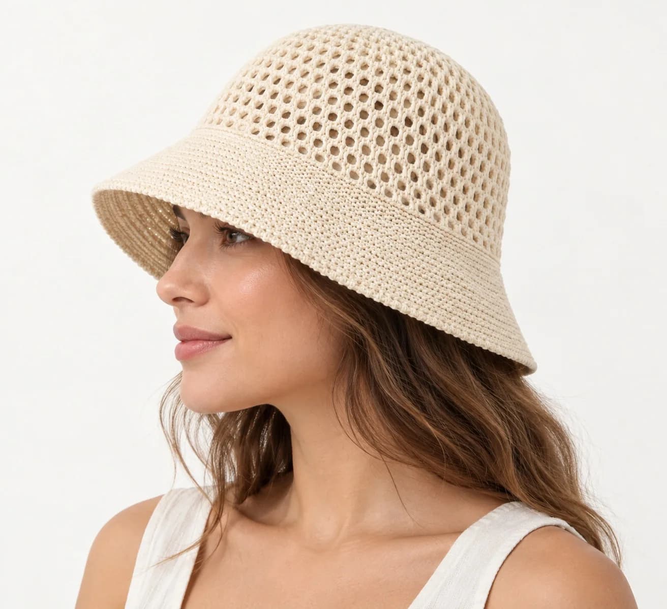 Summer Openwork Knit Bucket Hat - side reference (AI development concept)