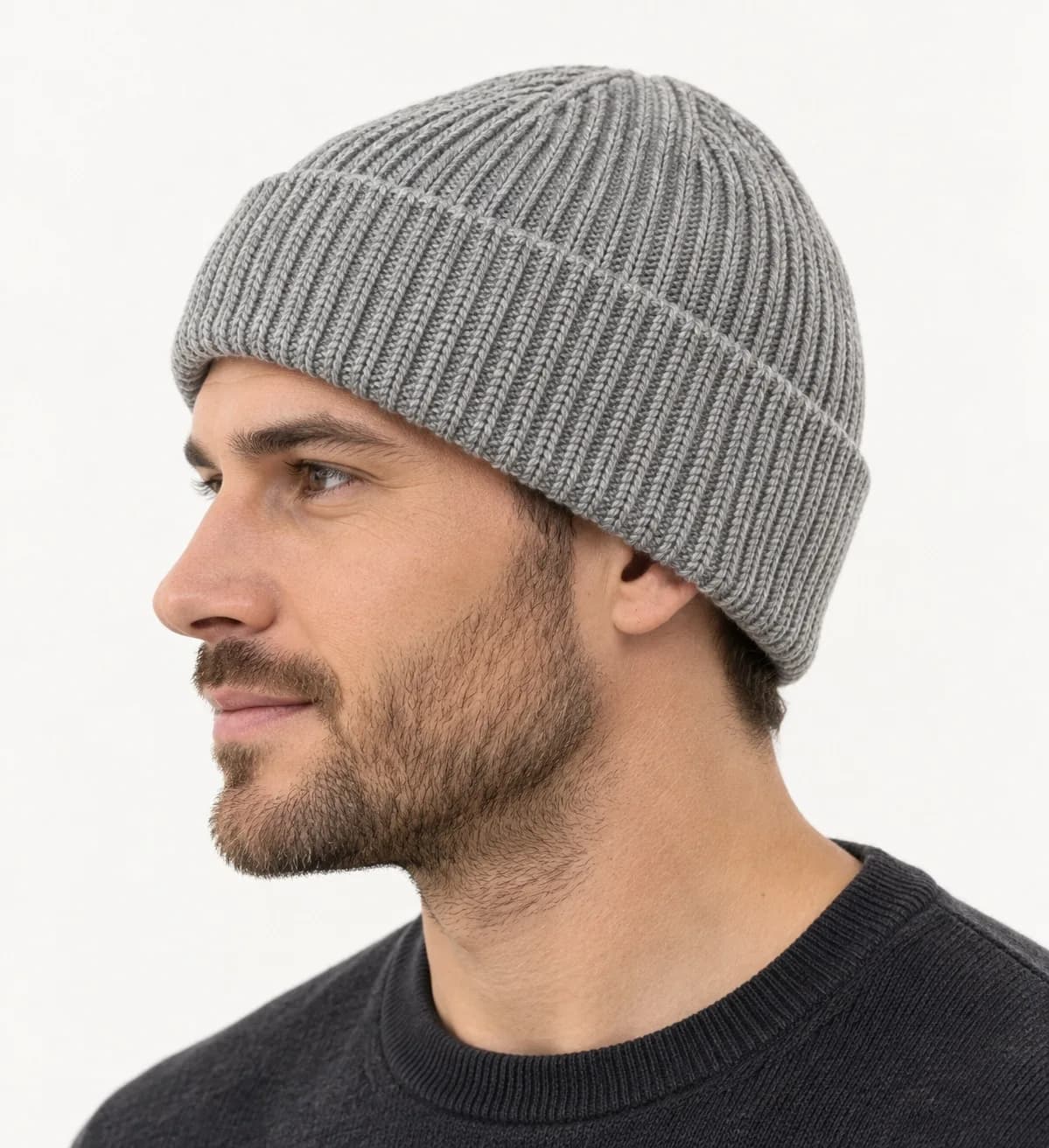 Recycled-Yarn Ribbed Beanie Development - side reference (AI development concept)