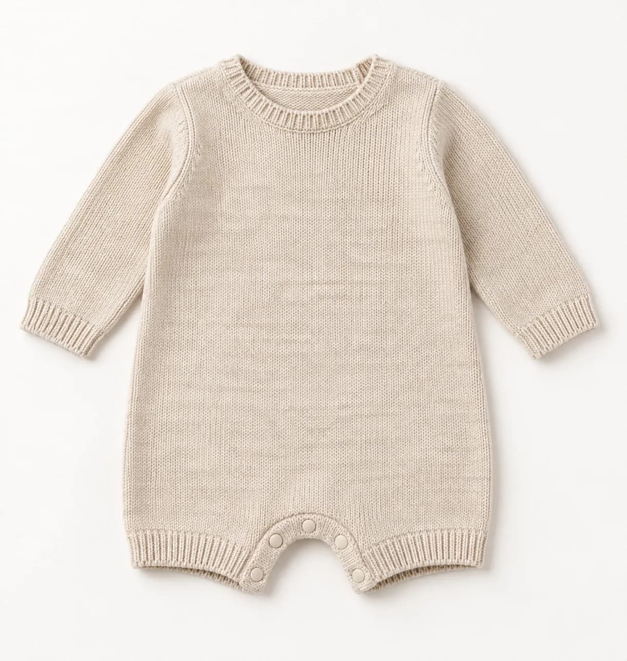 Baby Knit Romper with Crotch Fastening - front reference (AI development concept)