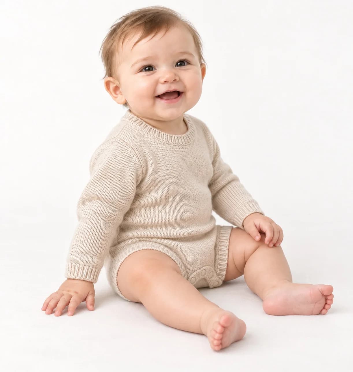 Baby Knit Romper with Crotch Fastening - side reference (AI development concept)