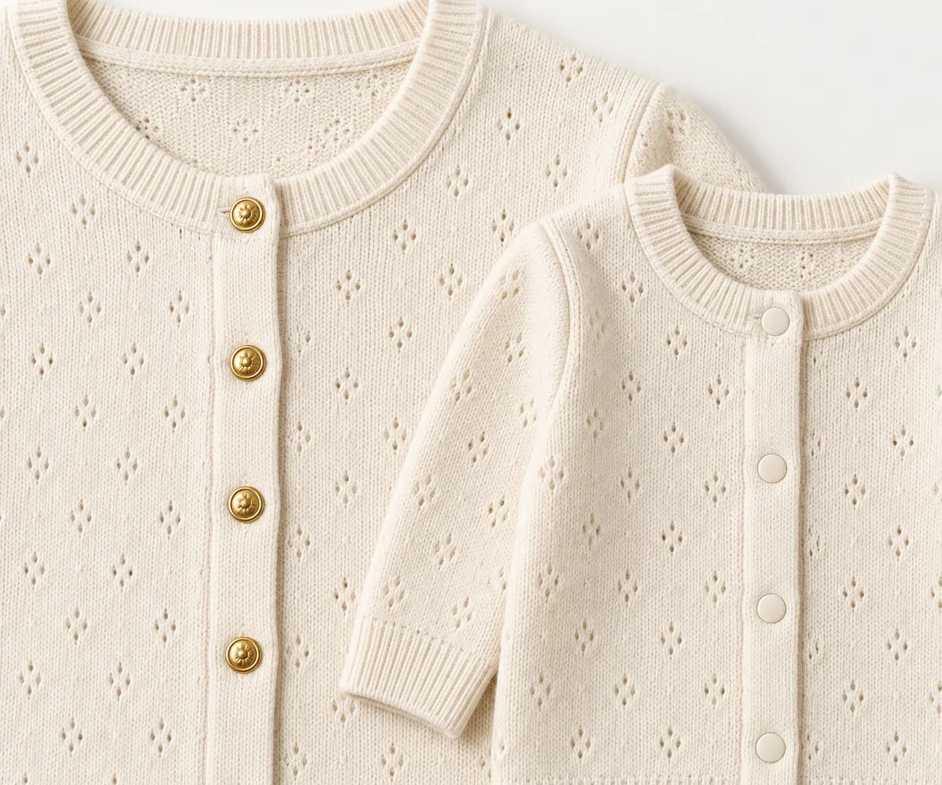 Mother and Baby Matching Knit Cardigans - trim reference (AI development concept)