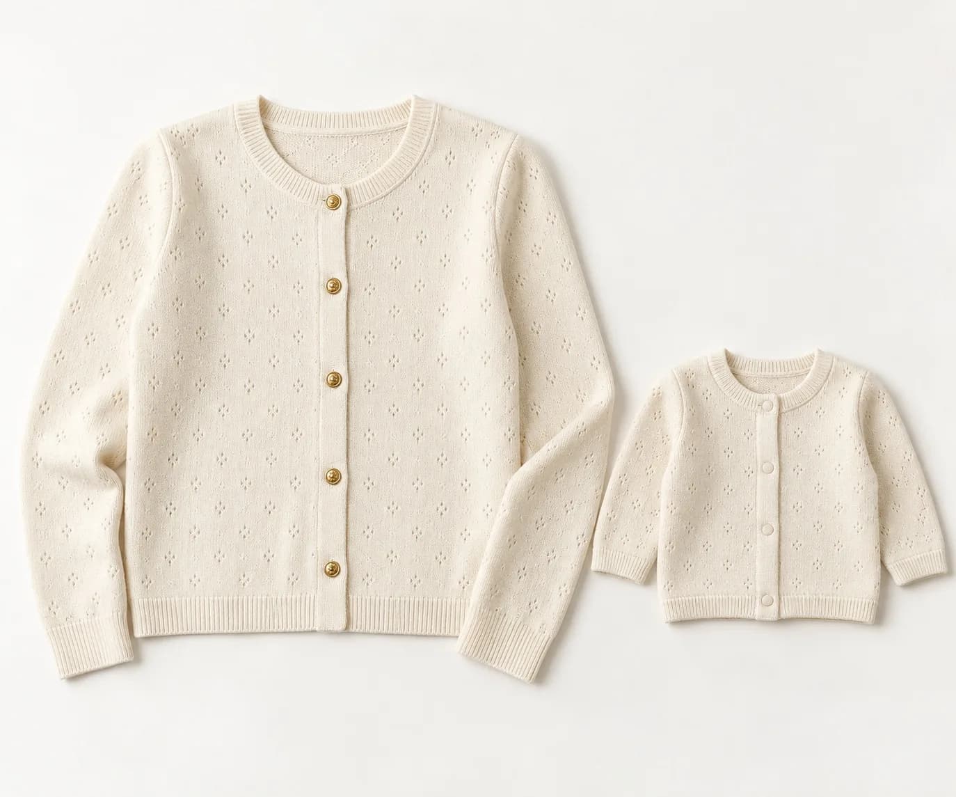 Mother and Baby Matching Knit Cardigans - front reference (AI development concept)