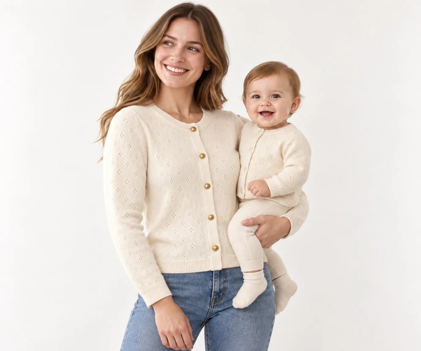 Mother and Baby Matching Knit Cardigans - side reference (AI development concept)