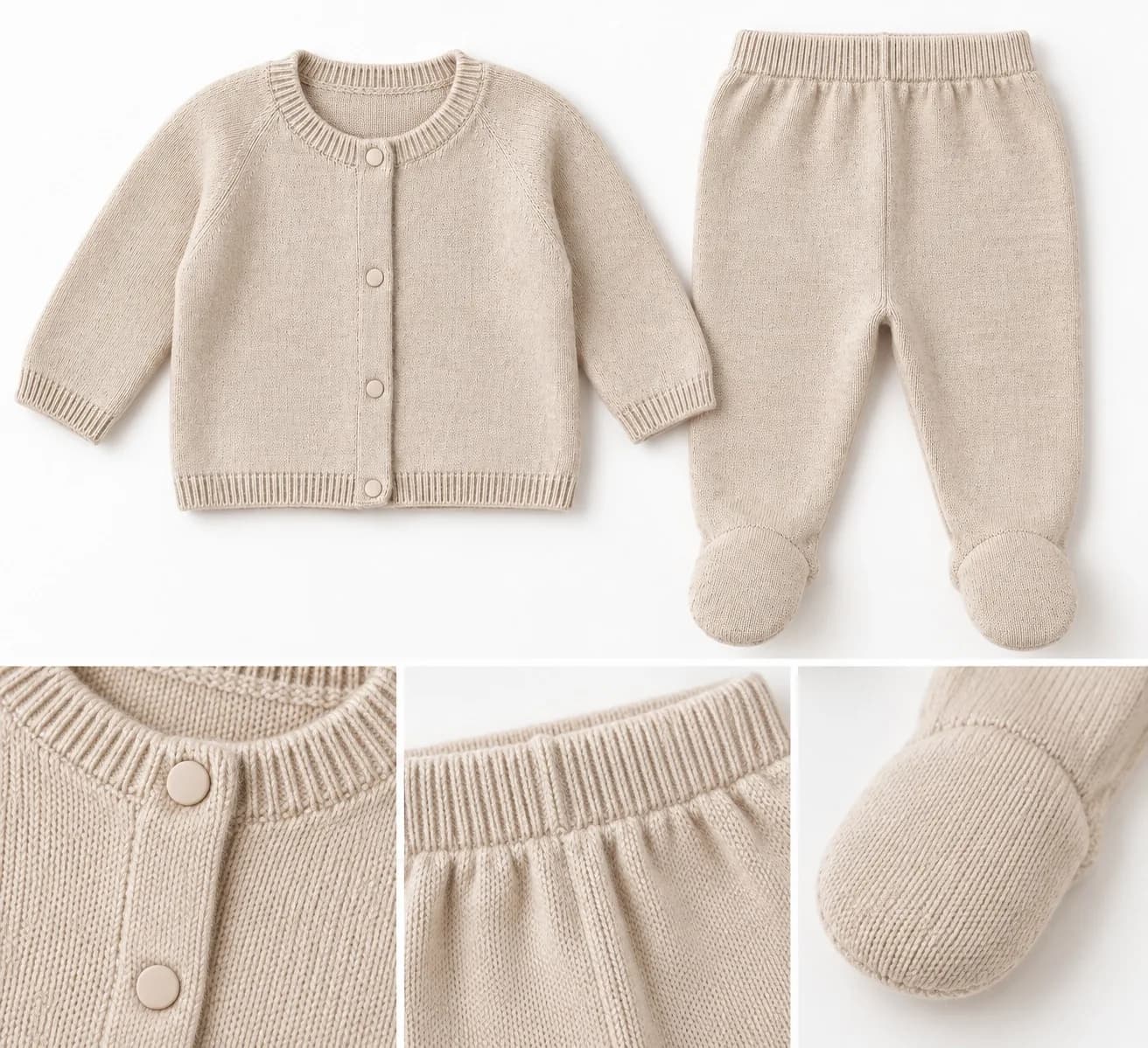 Baby Cardigan and Footed-Trouser Knit Set - trim reference (AI development concept)