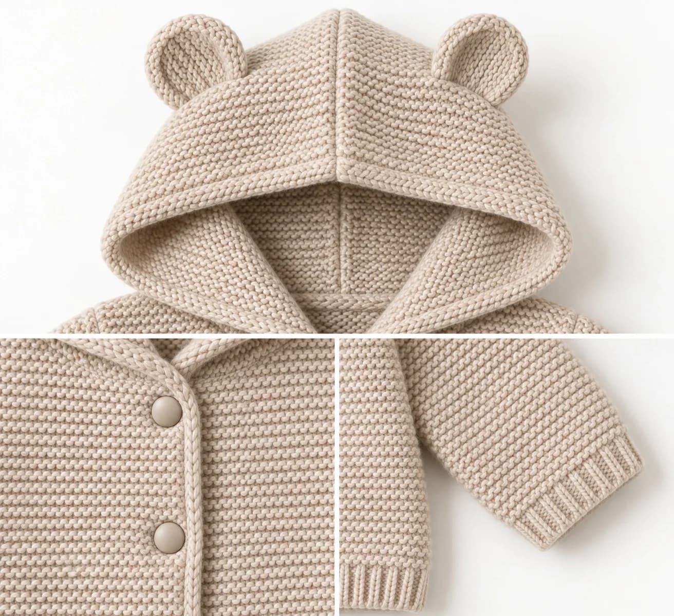 Baby Ear-Hood Knit Jacket - trim reference (AI development concept)
