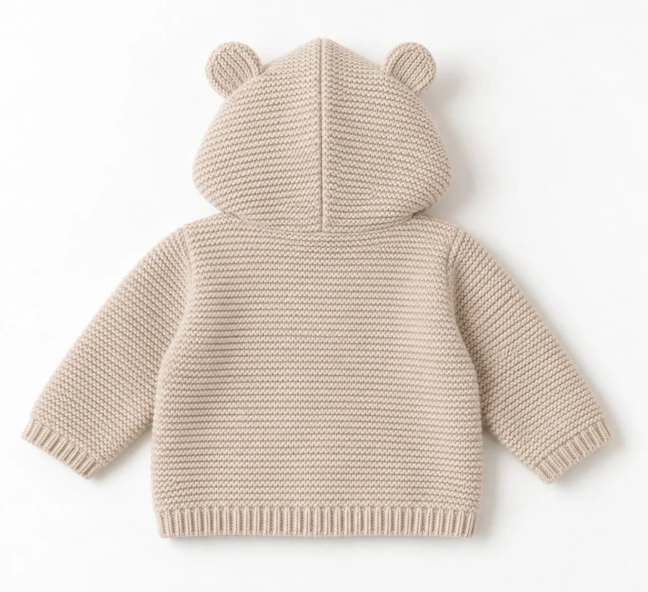 Baby Ear-Hood Knit Jacket - back reference (AI development concept)